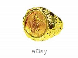 14K Gold Men's 22 MM NUGGET COIN RING with a 22 K 1/10 OZ AMERICAN EAGLE COIN