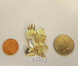 14K Real Solid Yellow Gold Diamond Cut Flying American Eagle Charm Pendant