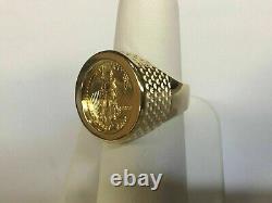 14K Yellow Gold Plated Silver Men's 20 mm Coin Ring With American Eagle