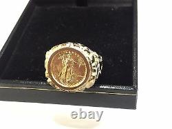 18K Gold Men's 22 MM NUGGET COIN RING with a 22 K 1/10 OZ AMERICAN EAGLE COIN