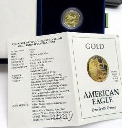 1991 American Eagle $5 Proof Gold Coin 1/10 oz In original case w COA