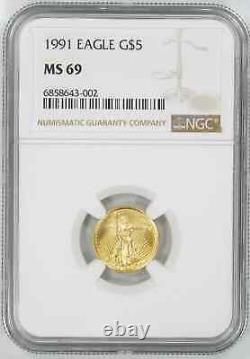 1991 American Gold Eagle G$5 Ngc Certified Ms 69 Mint Unc 1/10 Oz 999 Gold (002)