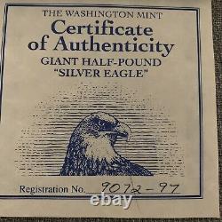 1997 Giant Half-Pound Pure Silver Eagle Proof. 999 Round 1/2lb. Coin & Case COA