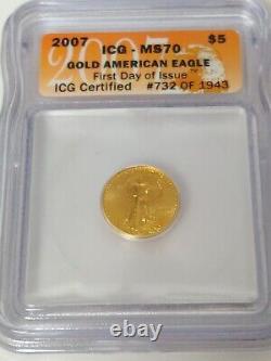 2007 Gold American Eagle $5 Dollar Coin 1/10 Oz Igc Ms 70 First Day Of Issue
