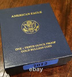 2012-W GOLD PROOF 1/10 oz American Eagle $5 Coin US MInt COA Uncirculated NIB