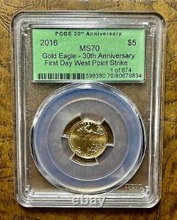 2016 $5 PCGS WEST POINT 1st STRIKE GREEN LABEL GOLD EAGLE GAUDENS 1/10 MS70 IRT