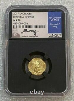 2017 $5 1/10 Gold Eagle NGC MS70 EDMUND MOY First Day Of Issue Black Core (028)
