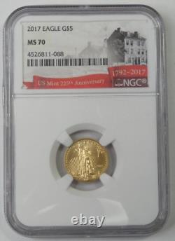 2017 American Gold Eagle $5 NGC MS70 US Mint 225th Anniversary 1/10oz Fine Gold