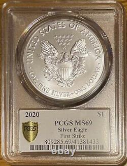 2020 $1 Uncirculated Silver Eagle FIRST STRIKE Gold Shield V75 PCGS MS69