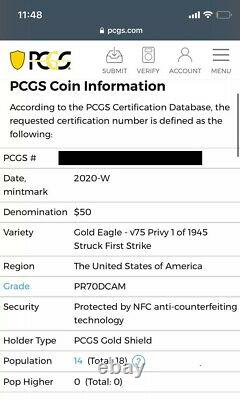 2020 End Of WWII V75 Gold Privy PCGS PR70DCAM Coin 20XE Eagle 1 of 1945- RARE