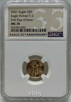 2021 1/10 oz Type 2 $5 Gold American Eagle NGC MS 70 First Day of Issue FDOI T-2