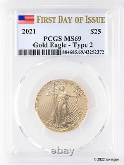 2021 $25 Gold American Eagle Type 2 PCGS MS69 First Day of Issue Flag Label