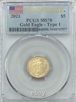 2021 $5 1/10 oz American Gold Eagle Type 1, MS70 PCGS, First Strike