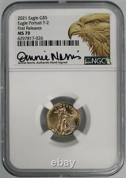 2021 $5 1/10oz Gold Eagle Type 2 Eagle Portrait NGC MS70 First Releases Norris