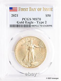 2021 $50 1 oz Type 2 Gold American Eagle PCGS MS70 FDI Flag Label