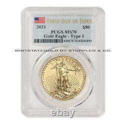 2021 $50 Gold American Eagle Type 1 PCGS MS70 First Day of Issue FDOI 1oz 22KT