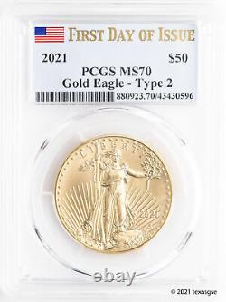 2021 $50 Gold American Eagle Type 2 PCGS MS70 First Day of Issue Flag Label