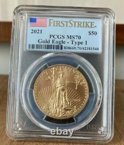 2021 $50 Gold Eagle type1 first strike American Flag ms70