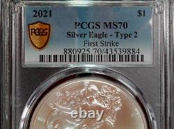 2021 American Silver Eagle Type 2 PCGS MS70 First Strike Gold Shield Certified