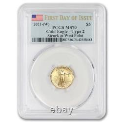2021-(W) $5 Gold American Eagle T2 PCGS MS70 First Day of Issue Flag Label