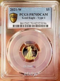 2021-W AMERICAN EAGLE PCGS PR70DCAM Gold Shield Label TYPE 1 1/10 Oz Gold Coi