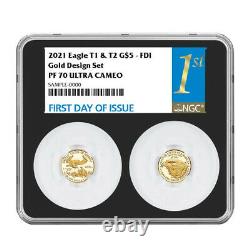 2021-W Proof T1 and T2 American Eagle 1/10 oz Gold Set Designer Edition NGC PR7