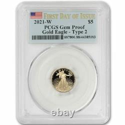 2021W $5 Gold American Eagle Type 2 PCGS Gem Proof First Day of Issue 1/10 oz