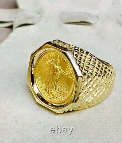 Charm Men's 20 mm Coin American Eagle Ring with Vintage Real 14K Yellow Gold