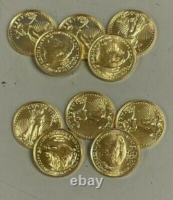 Lot of 10 Gold 2021 Gold 1/10 oz American Eagle $5 US Mint Type 2 Design Coins
