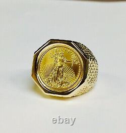 Men's 20 mm Coin American Eagle Ring with Vintage Real 14K Yellow Gold