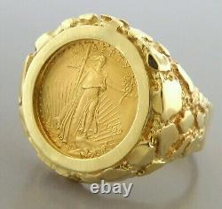 Men's 20mm Coin American Eagle Nugget Engagement Ring 14K Yellow Gold Plated