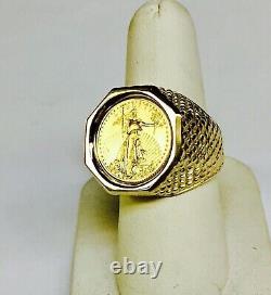 Men's Coin American Eagle Ring with Vintage Solid Real 14K Yellow Gold