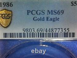 UNITED STATES-1986 1/10 oz $5 Gold Eagle PCGS MS 69 UNC. GOLD SHIELD KM# 216
