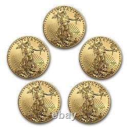 1 Oz American Gold Eagle $50 Coin Bu Random Year Us Mint Lot De 5