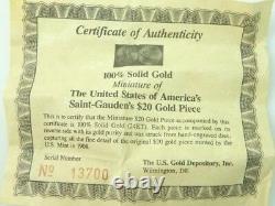 100% Solid 24k Gold Miniature $20 Gold Piece/coa