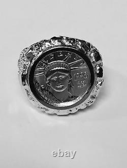 14k Bague En Or Blanc Nugget Coin Homme Avec 1/10 Oz Platinum American Eagle Coin