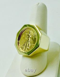 14k Gold Homme 27 MM Roin Ring Avec Un 22 K 1/4 Oz American Eagle Coin