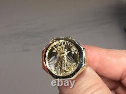 14k Gold Mens 25mm Ring Avec Un 22k 1/4 Oz American Eagle Coin