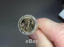 14k Or 21 MM Anneau Coin Avec 22k 1/10 Oz American Eagle Avec Coin. 25 Tcw