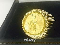 14k Yellow Gold Homme 21 MM Coin Ring Avec Un 22 K 1/0 Oz American Eagle Coin