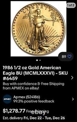 1986 1/2 oz Aigle américain en or BU (MCMLXXXVI) Première année! L'or en feu