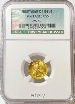 1986 $5 Gold American Eagle 1/10 Oz Ngc Ms 69 Première Année D'émission Étiquette