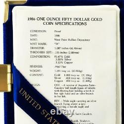 1986 50 $ Gold Eagle Proof Strike Première Année D'émission De La Pièce D'or Ogp #a310