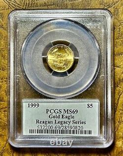 1999 $5 Gold Eagle Pcgs Ms69 Reagan 22k Pop 47 Gaudens Design 3.39g Nice # Ian