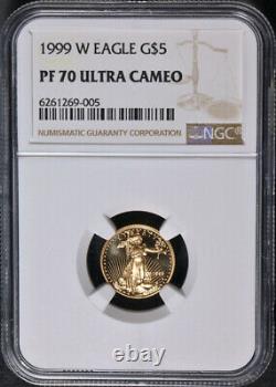 1999-w Gold American Eagle 5 $ Ngc Pr70 Ultra Cameo Brown Label Stock