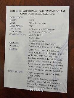 2001-W 1/2 oz $25 Aigle d'or américain Proof avec boîte et COA