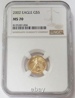 2002 Pièce d'or American Eagle de 5 $, 1/10 oz, état de frappe de la Monnaie Ngc 70