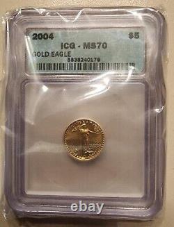 2004 American Gold Eagle Coin $5 1/10oz Icg Ms70 État Parfait