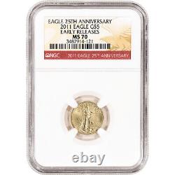 2011 American Gold Eagle 1/10 Oz 5 $ Ngc Ms70 Lancements Anticipés Étiquette Anniversaire
