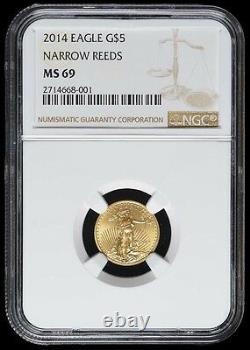 2014 Narrow Reeds $5 American Gold Eagle 1/10th Ounce Seulement 21 Connu